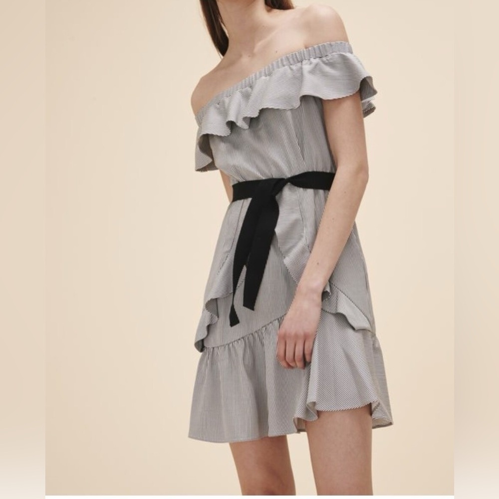 MAJE Off-Shoulder Striped Ruffle Dress with Black Belt accent size 3 (US Large) - Picture 2 of 10